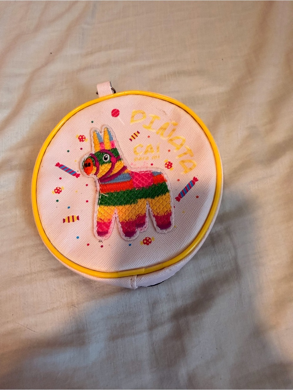 Round coin zippered pouch pink white embroidered piñata colorful donkey